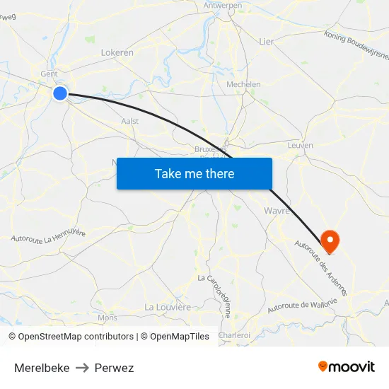 Merelbeke to Perwez map