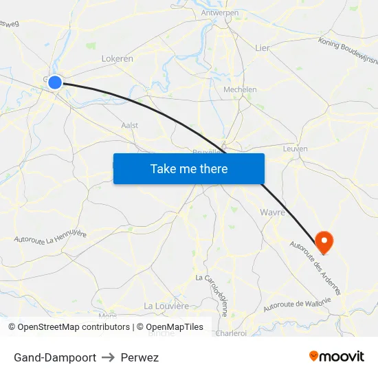 Ghent-Dampoort to Perwez map