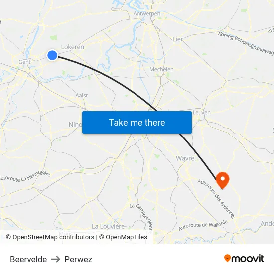 Beervelde to Perwez map