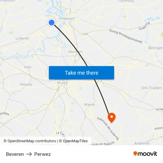 Beveren to Perwez map
