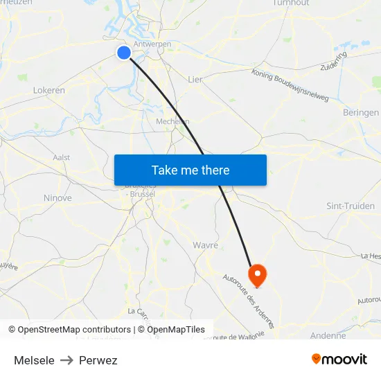 Melsele to Perwez map