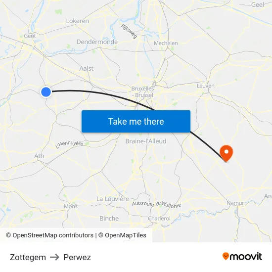 Zottegem to Perwez map
