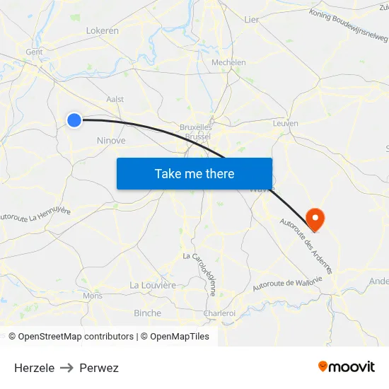 Herzele to Perwez map
