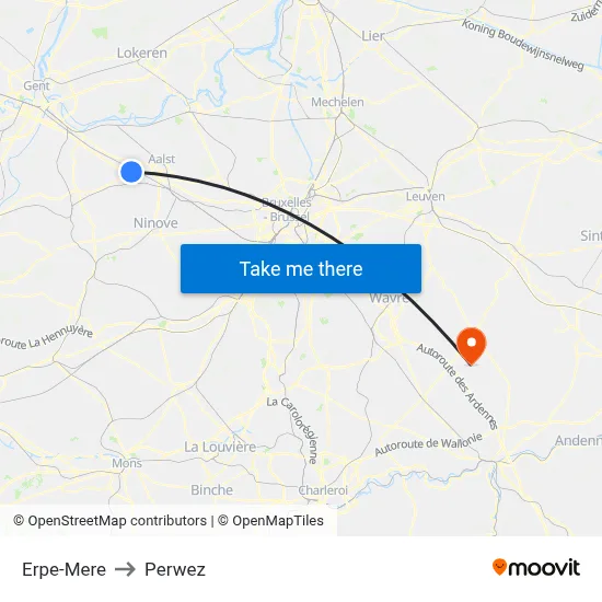 Erpe-Mere to Perwez map