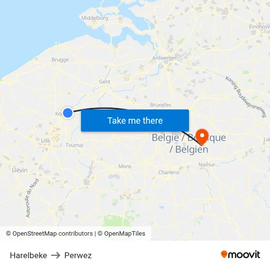 Harelbeke to Perwez map