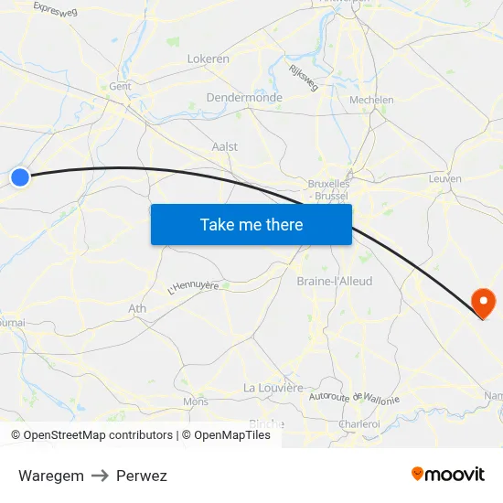Waregem to Perwez map