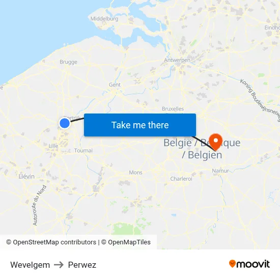 Wevelgem to Perwez map