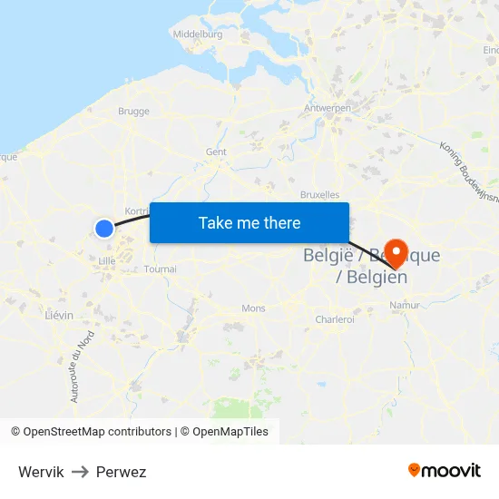 Wervik to Perwez map