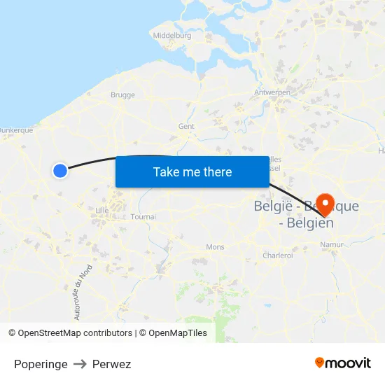 Poperinge to Perwez map