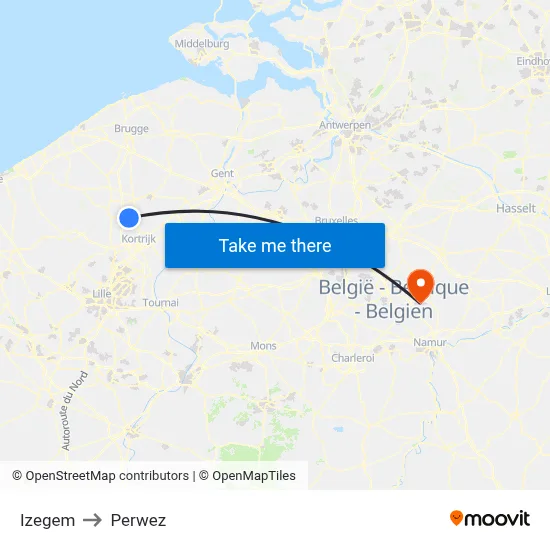 Izegem to Perwez map