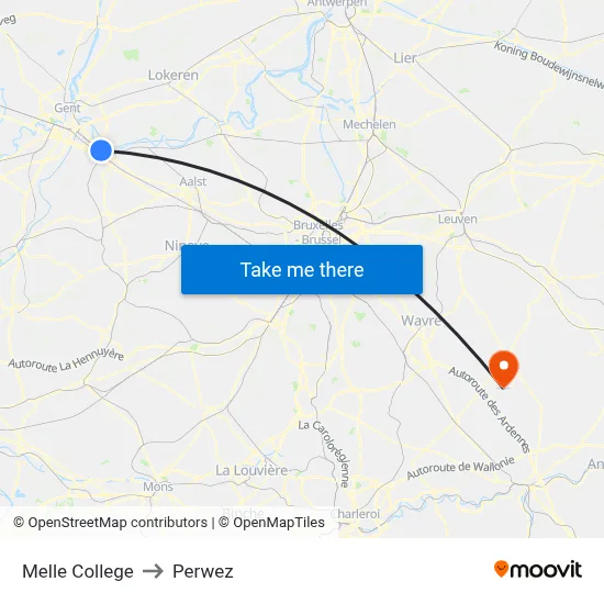 Melle College to Perwez map