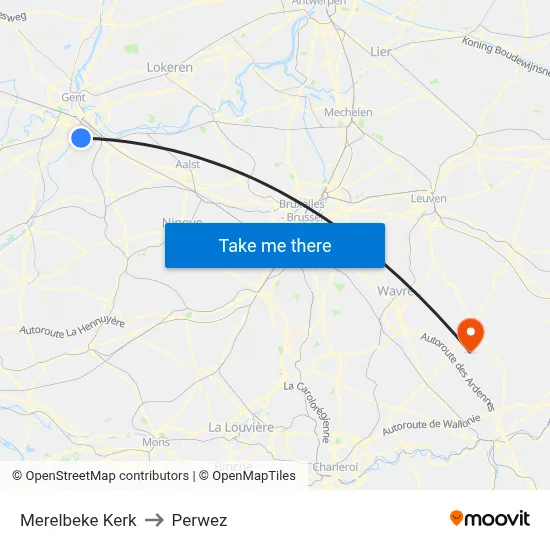 Merelbeke Kerk to Perwez map