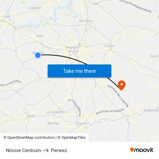 Ninove Center to Perwez map