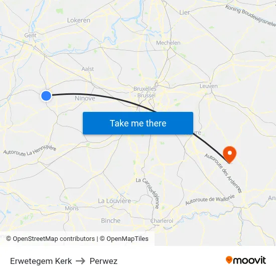 Erwetegem Church to Perwez map