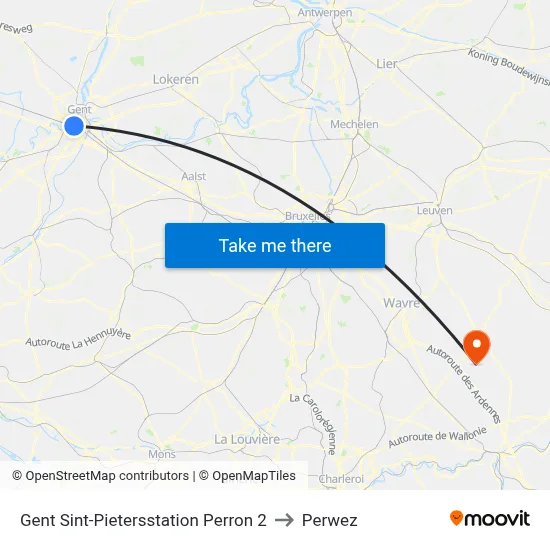 Ghent St. Peters Station Platform 2 to Perwez map