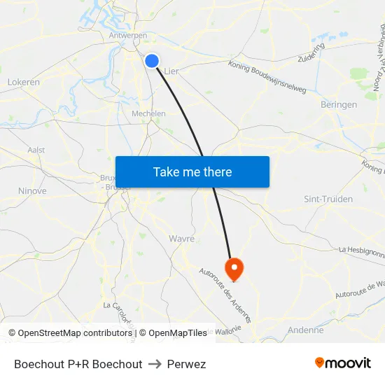 Boechout Park & Ride to Perwez map