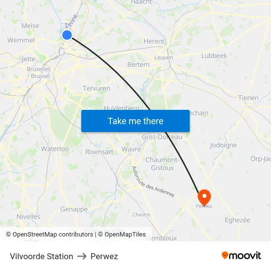 Vilvoorde Station to Perwez map