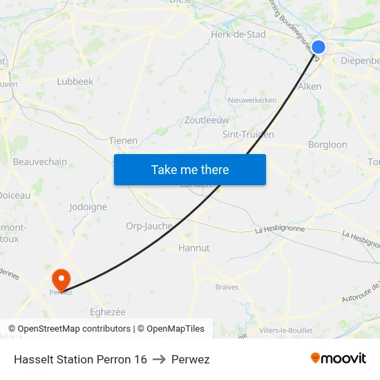 Hasselt Station Platform 16 to Perwez map