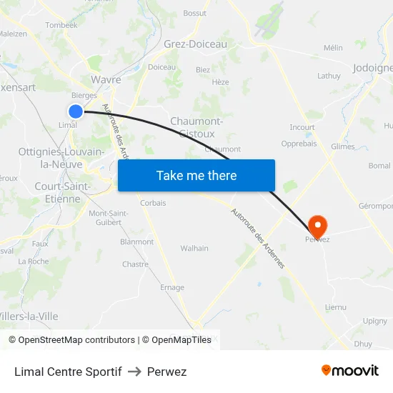 Limal Sports Center to Perwez map