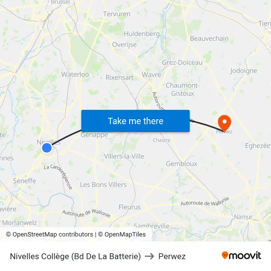 Nivelles College (Battery Blvd) to Perwez map