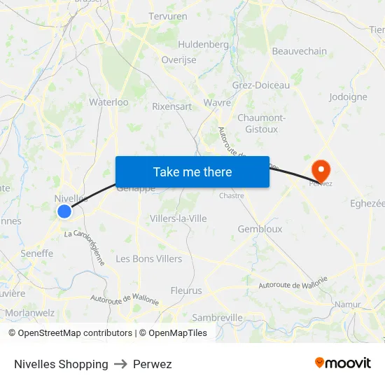 Nivelles Shopping to Perwez map