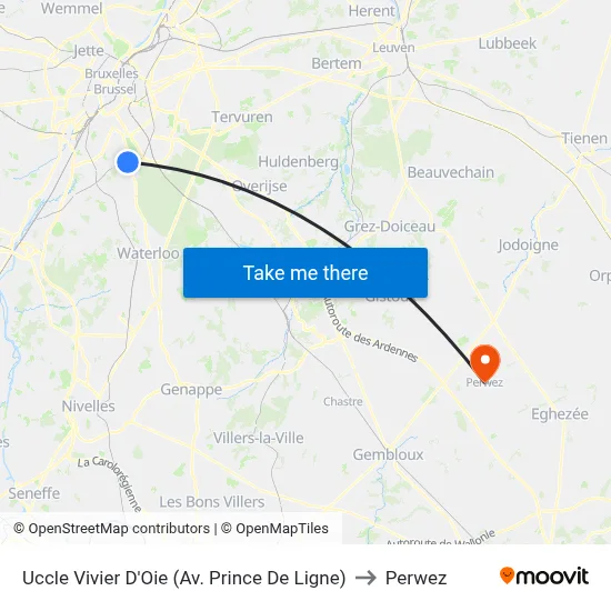 Uccle Vivier D'Oie (Prince De Ligne Avenue) to Perwez map