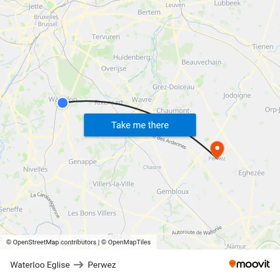 Waterloo Church to Perwez map