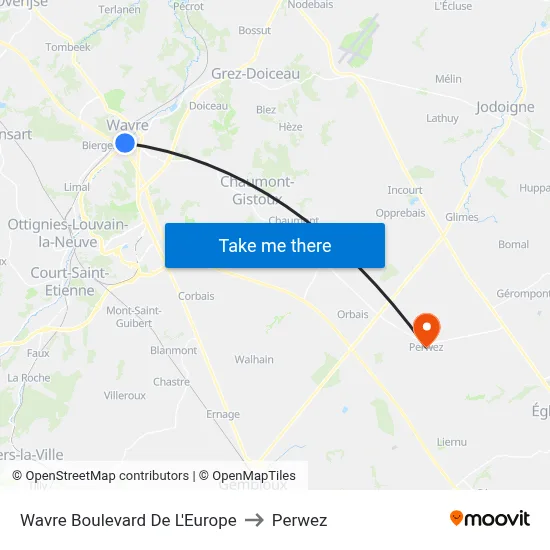 Wavre Boulevard De L'Europe to Perwez map