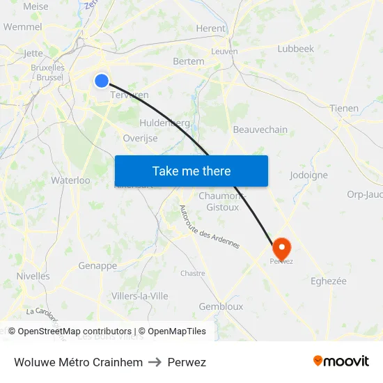 Woluwe Crainhem Metro to Perwez map