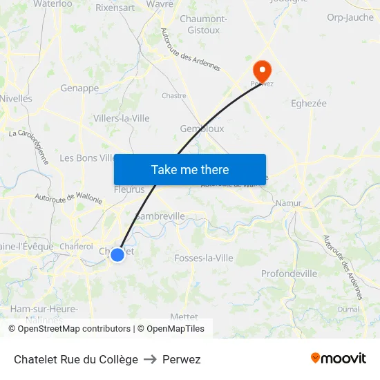 Chatelet College Street to Perwez map