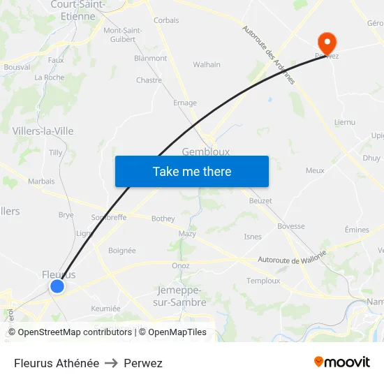 Fleurus High School to Perwez map