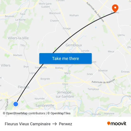 Fleurus Vieux Campinaire to Perwez map