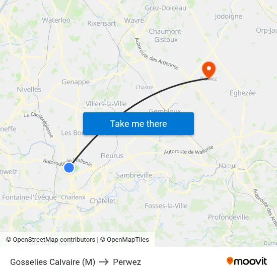 Gosselies Calvary (M) to Perwez map