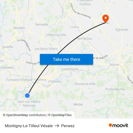 Montigny-Le-Tilleul Vesale to Perwez map