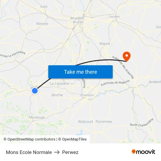 Mons Ecole Normale to Perwez map
