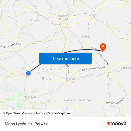 Mons Lycée to Perwez map