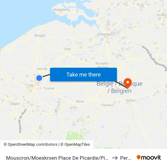 Mouscron/Moeskroen Place De Picardie/Picardieplein to Perwez map