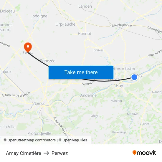 Amay Cemetery to Perwez map