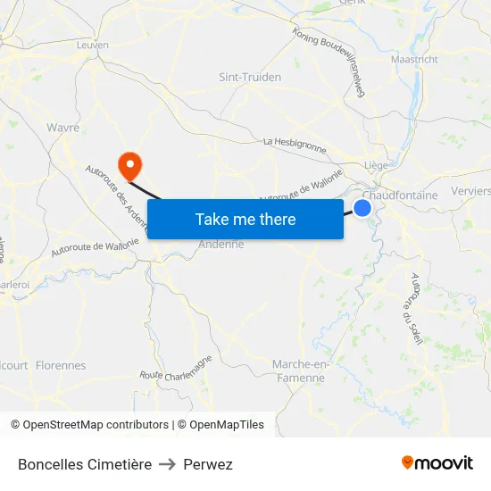 Boncelles Cemetery to Perwez map