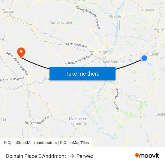 Dolhain Andrimont Square to Perwez map