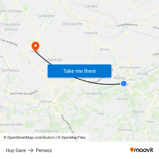 Huy Station to Perwez map