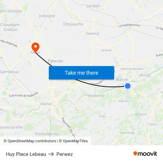 Huy Lebeau Square to Perwez map