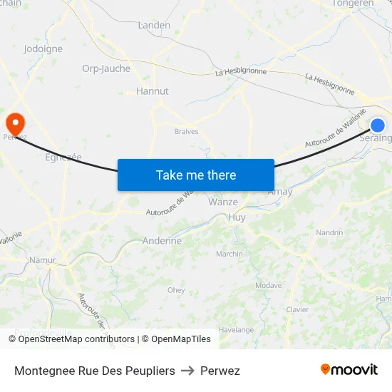Montegnee Rue Des Peupliers to Perwez map