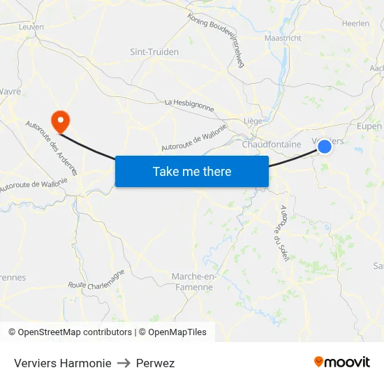 Verviers Harmonie to Perwez map