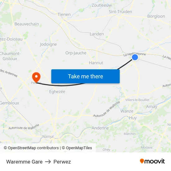 Waremme Gare to Perwez map
