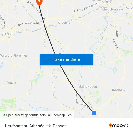 Neufchateau Athenaeum to Perwez map