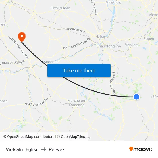 Vielsalm Eglise to Perwez map
