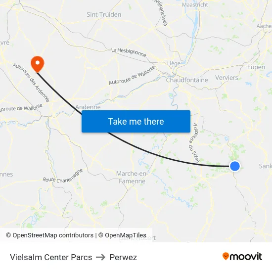 Vielsalm Center Parcs to Perwez map