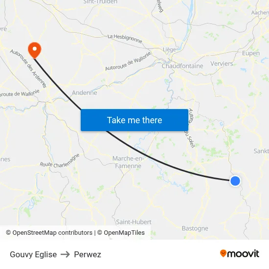 Gouvy Eglise to Perwez map