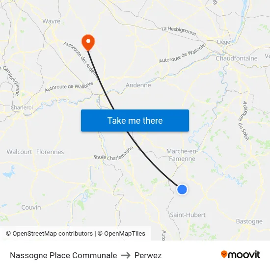 Nassogne Town Square to Perwez map